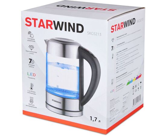  Чайник электрический Starwind SKG5213 1.7л. 2200Вт черный/серебристый (корпус: стекло) 